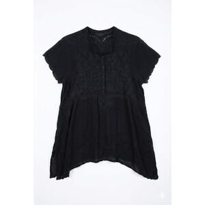 Black Embroidered Swimsuit Cover Up Tunic Handkerchief Hem Sheer Boho